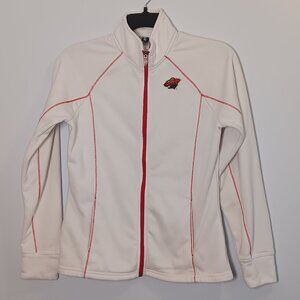 MN Wild Full-Zip Long Sleeve Sweatshirt White with Red Stitching and Front Logo